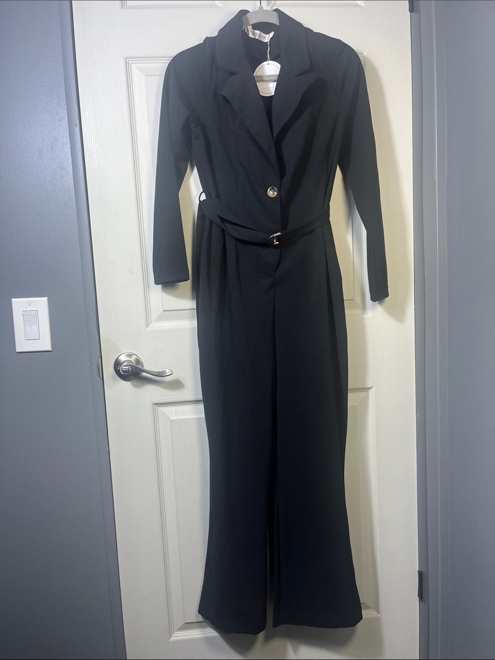 Black Tailored Wide-Leg Jumpsuit with Belted Waist